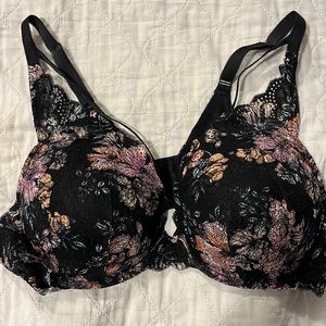 Black lace floral print underwire plunge bra